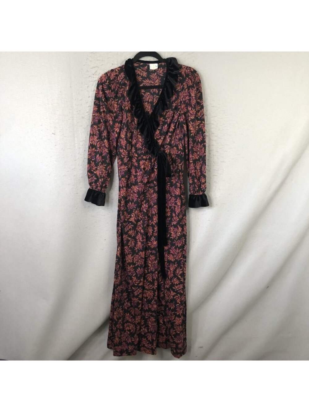 Vintage Dark Floral Dress Women S Black Wrap Velvet Maxi Ruffle Party Statement